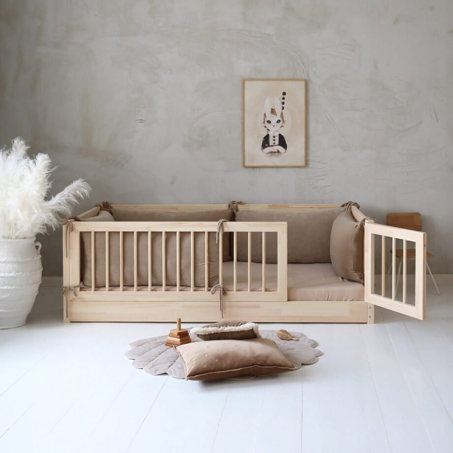 Natural wood Floor bed with rails