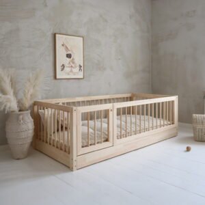 Natural wood Floor bed with rails