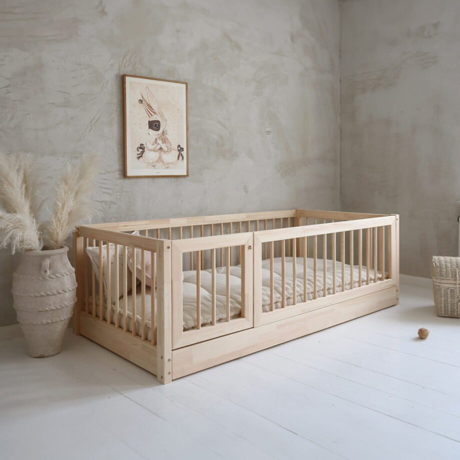 Natural wood Floor bed with rails