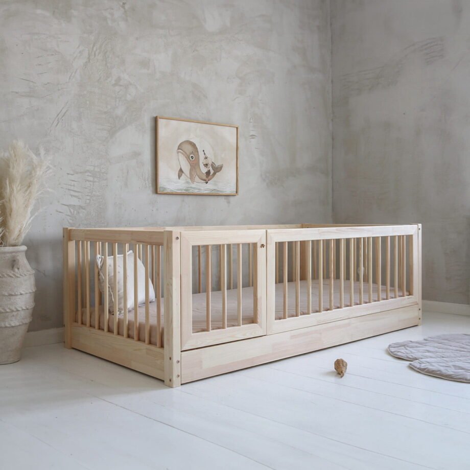 Natural wood Floor bed with rails