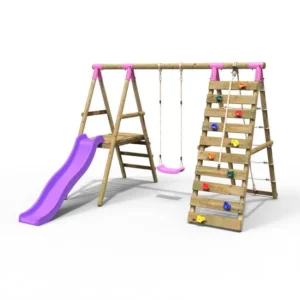 Wooden Swing Set with Climbing Wall